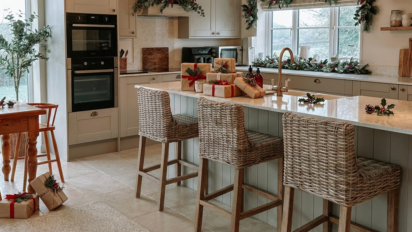 modern kitchen open plan with rattan bar stools at island and christmas presents