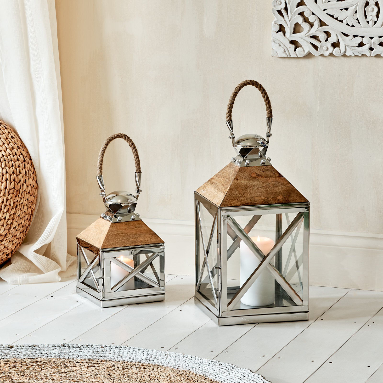 Large Wood and Silver Candle Lantern - Dartmoor – Za Za Homes