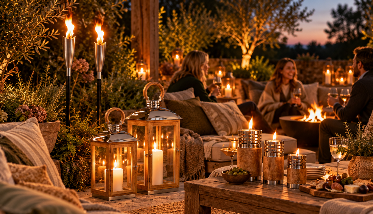 Outdoor evening patio scene with people seated around a fire pit and candles, decorated with lanterns, pillows, and string lights. The foreground shows warm-toned candles in glass lanterns and metal holders on a wooden table.