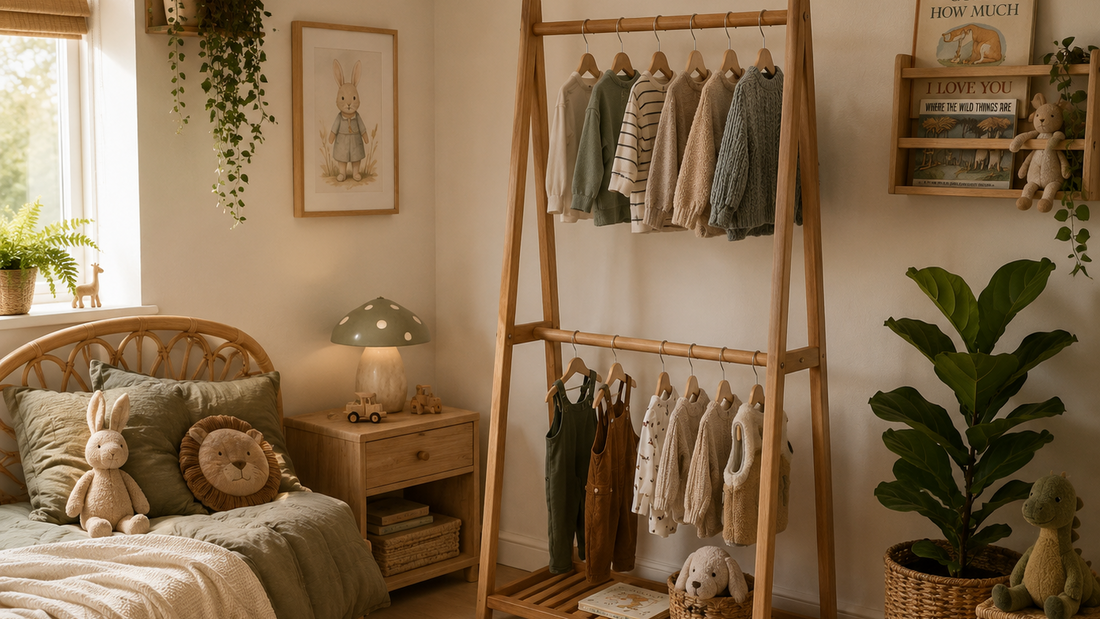 wood clothes rail a-frame in children's bedroom with neutral shades and neutral materials