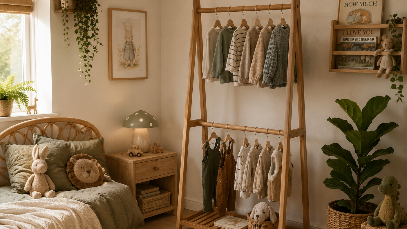 wood clothes rail a-frame in children's bedroom with neutral shades and neutral materials