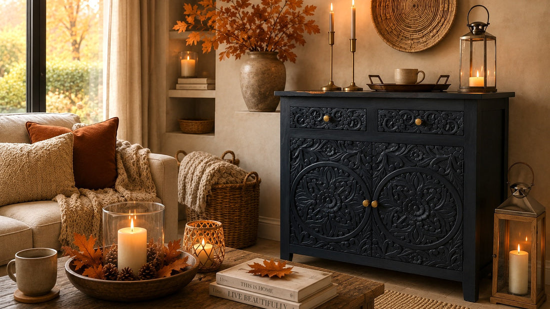 navy wooden sideboard in cosy autumnal living room with candlelight