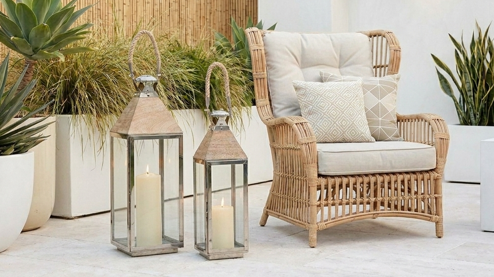summer garden patio with candle lanterns and rattan arm chair