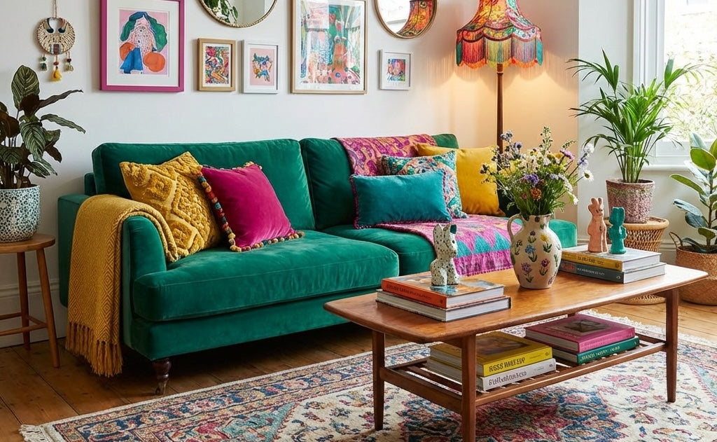 colourful living room setting with green sofa, artwork and vibrant rug