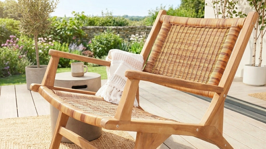 rattan garden chair on patio with beautiful flowers in the background