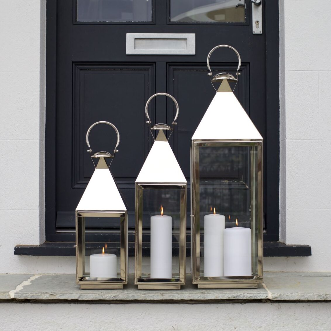 Set of 3 Large Silver Candle Lanterns outside