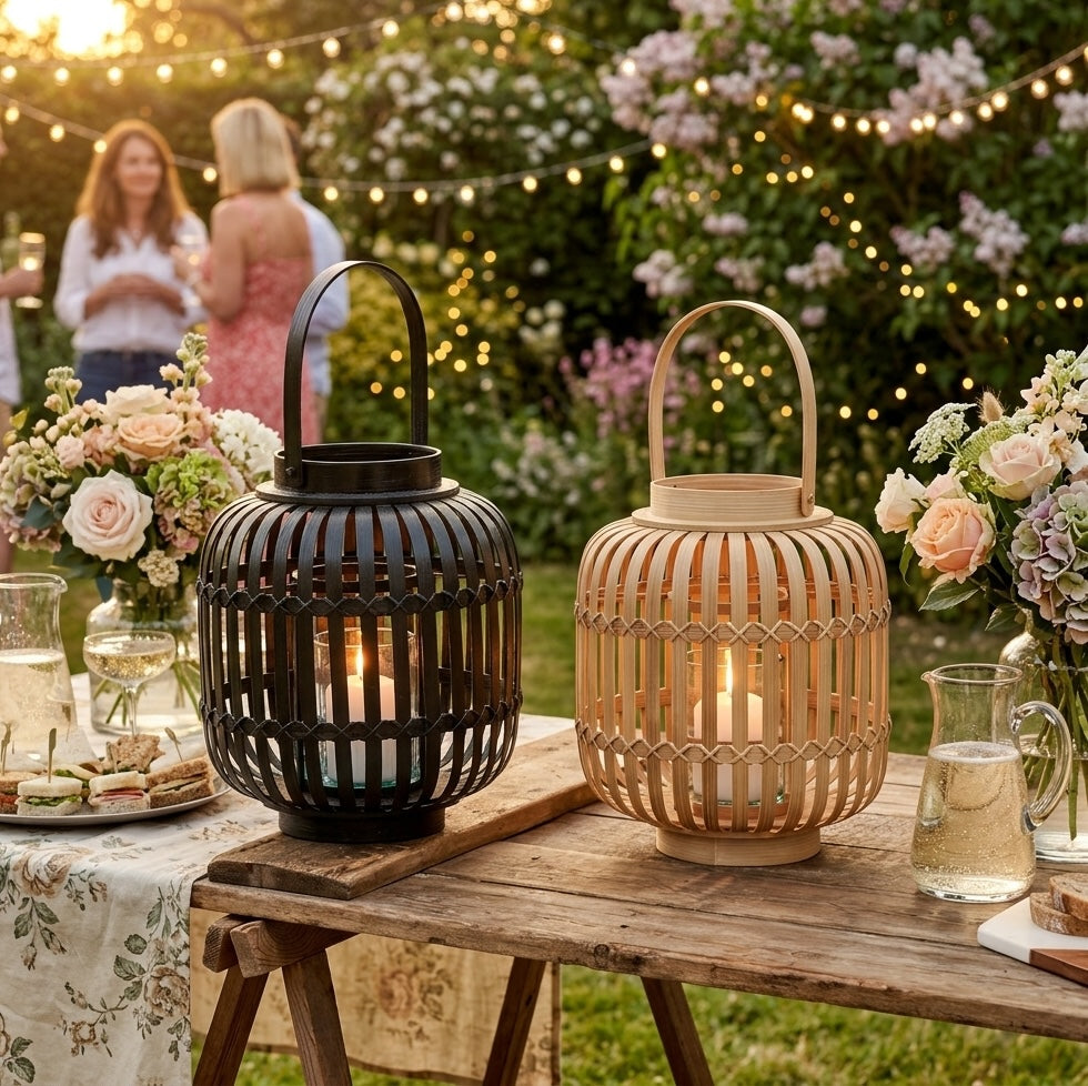 Two decorative hurricane lanterns with built-in candle holders are displayed on a rustic wooden table outdoors at a garden party. One lantern is black with a dark metal finish, and the other is a natural light wood tone.