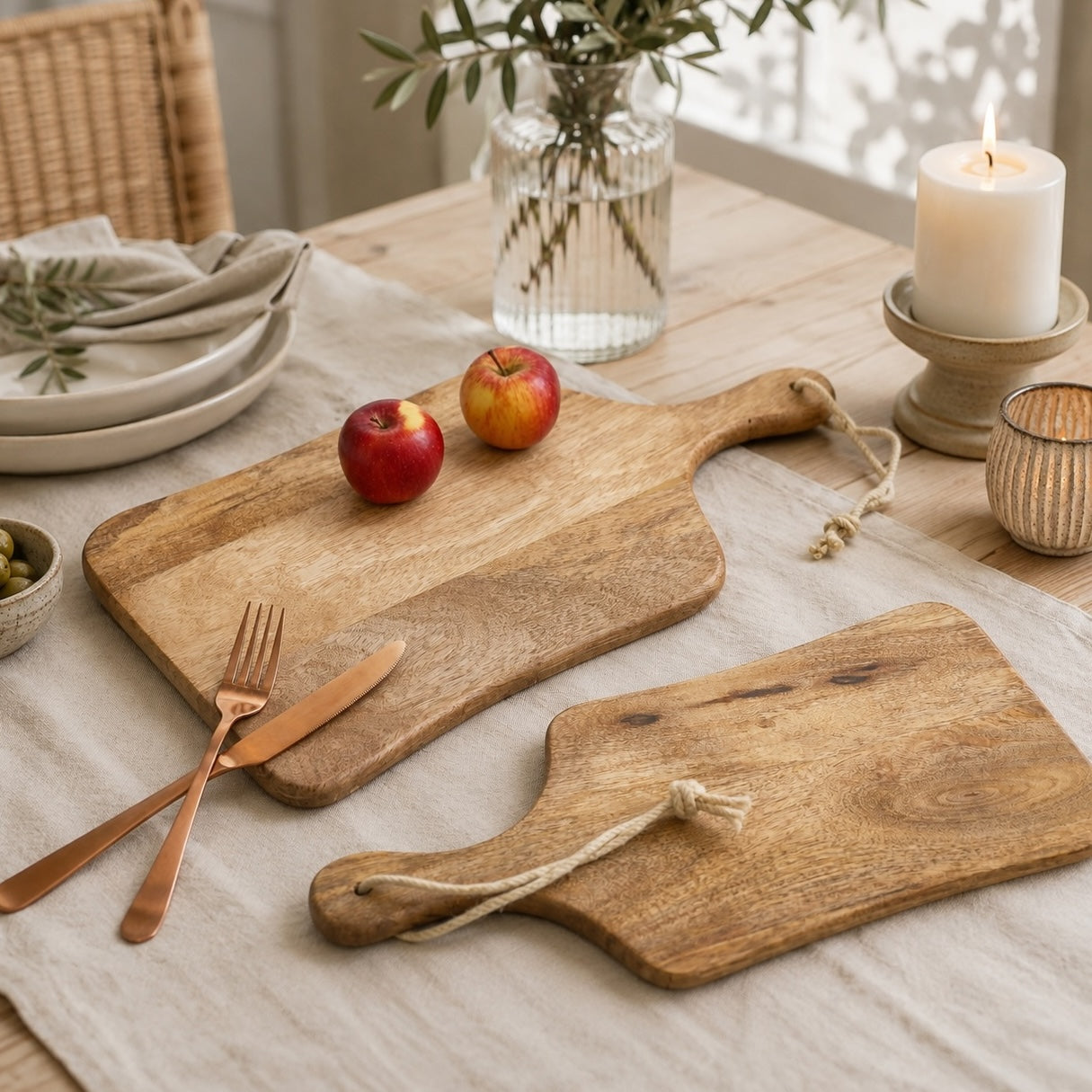 natural wood chopping boards in rustic style on a linen table with candlelight and apples