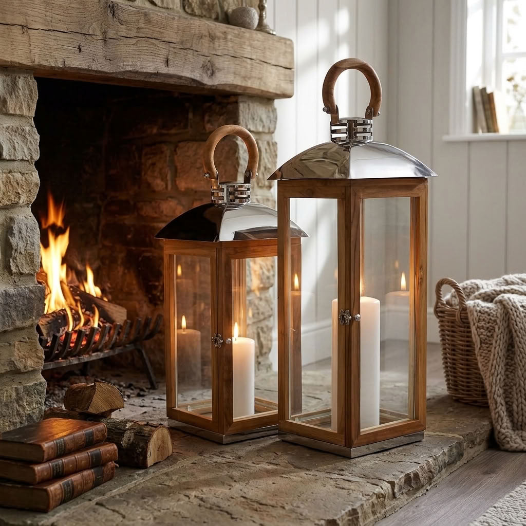 Two tall wooden lanterns with glass panels and lit candles are placed on a stone hearth beside a burning fireplace in a cozy room.