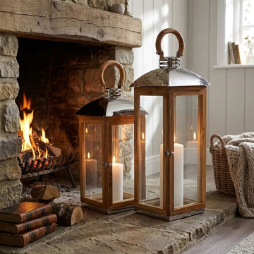 Two tall wooden lanterns with glass panels and lit candles are placed on a stone hearth beside a burning fireplace in a cozy room.