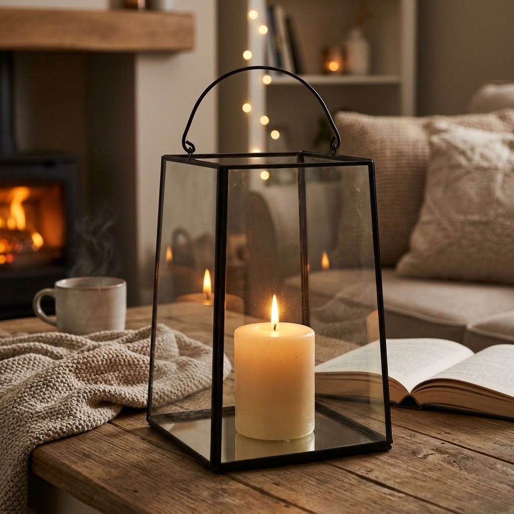 A black metal lantern with clear glass panels and a curved top handle sits on a wooden table in a cozy living room. A lit cream pillar candle is placed inside the lantern, with a mug, blanket, lit fireplace.