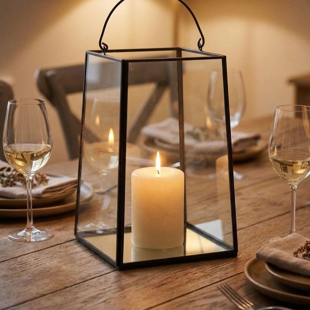 A black metal lantern with a glass top and mirrored base, holding a lit white pillar candle, set on a wooden dining table with wine glasses and plates in a warm, softly blurred background.