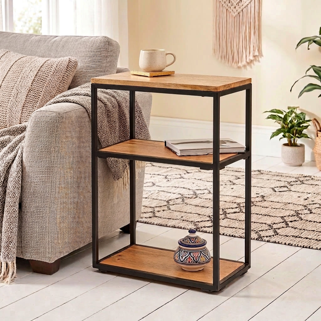 A three shelf side table with a black metal frame and mango wood shelves, styled next to a sofa.