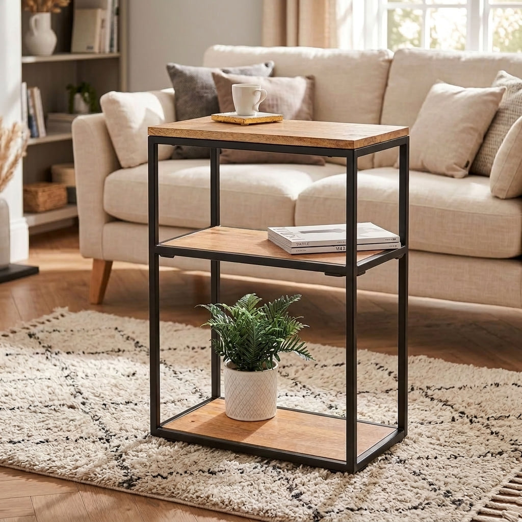 A industrial side table with three shelves, a black metal frame and light brown wood shelves, styled in a cozy living room next to a beige sofa.