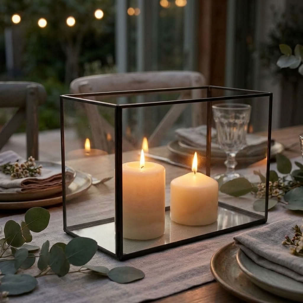 black votive lantern on wooden dining table with green foliage and table decor