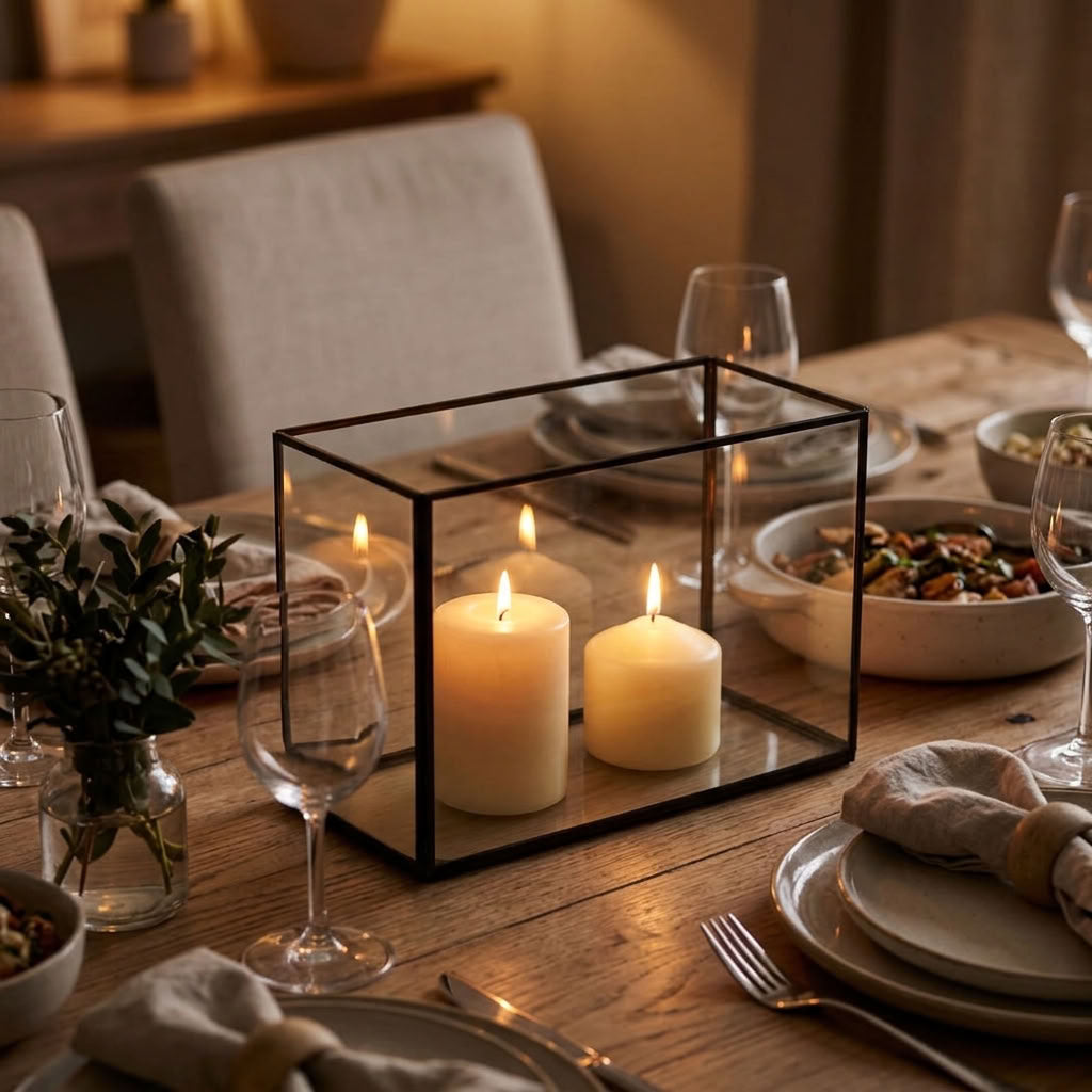 A black metal rectangular glass candle holder containing two lit cream pillar candles, set on a wooden dining table surrounded by plates, wine glasses, and a small green plant in a warm, cozy indoor setting.