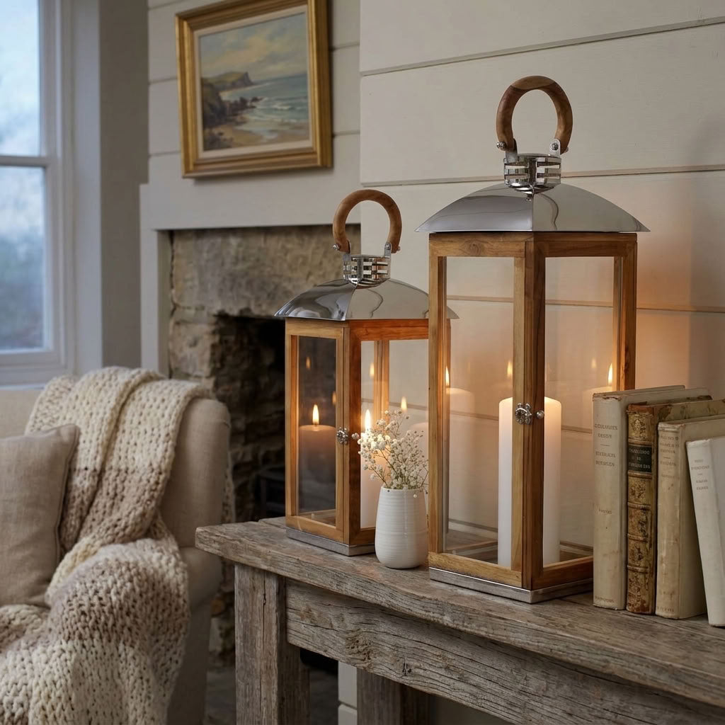 Two wooden lanterns with silver metal tops and warm white candles lit inside, displayed on a rustic wooden table in a cozy living room setting next to a window and fireplace.