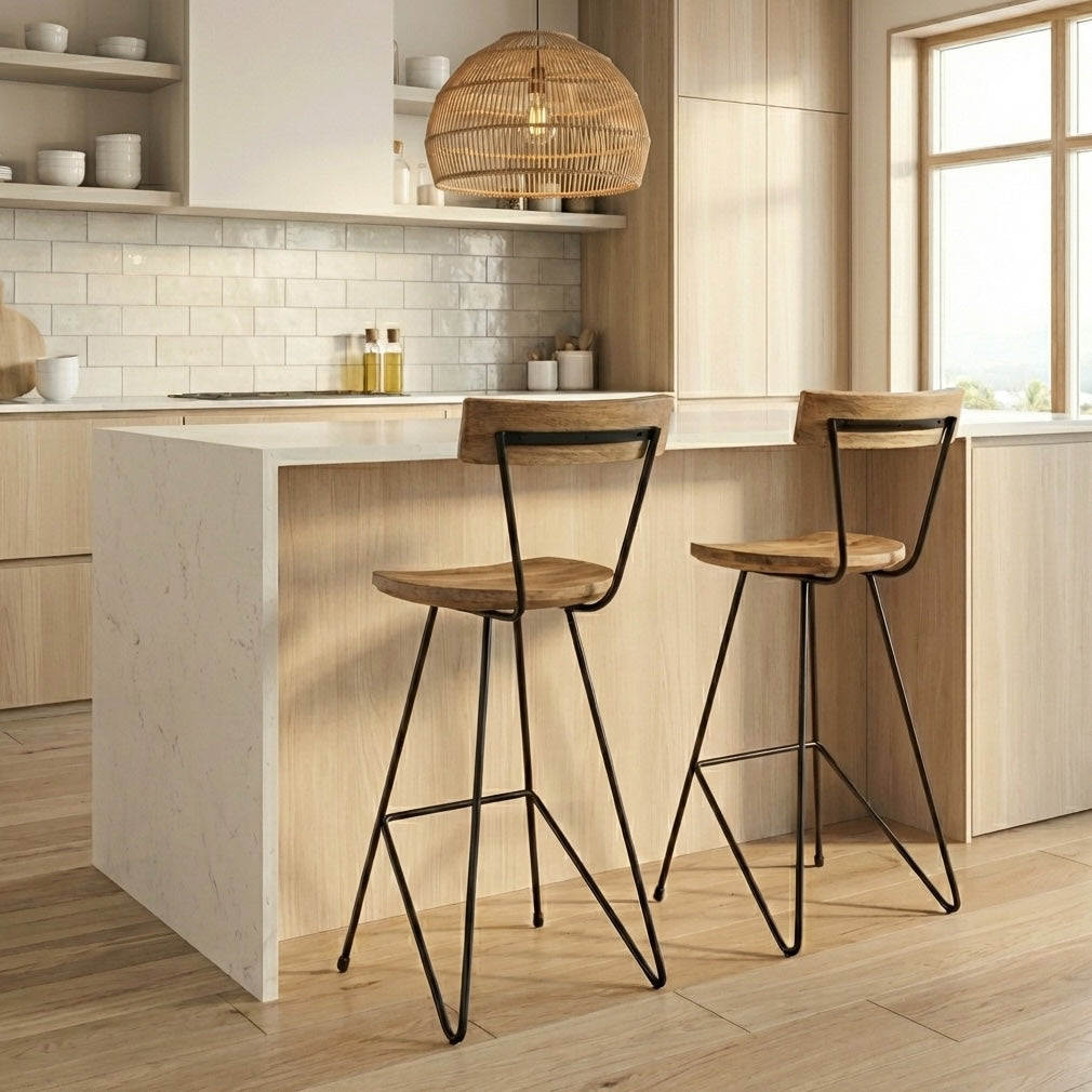 metal kitchen stools at breakfast bar on wooden floor