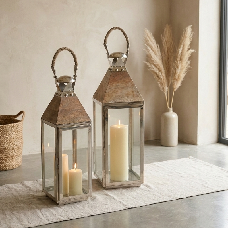 stainless steel candle lanterns with mango wood in moroccan style room