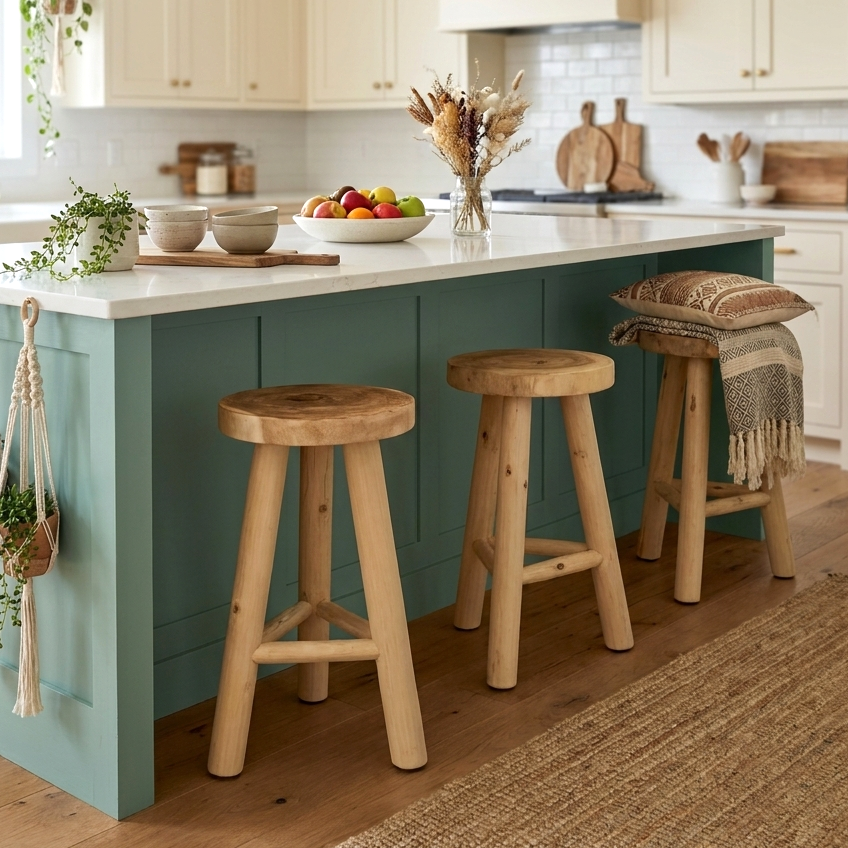 Three wooden bar stools in a kitchen setting, with two stools placed in front of a teal kitchen island and one stool on the right holding a patterned cushion and throw blanket.