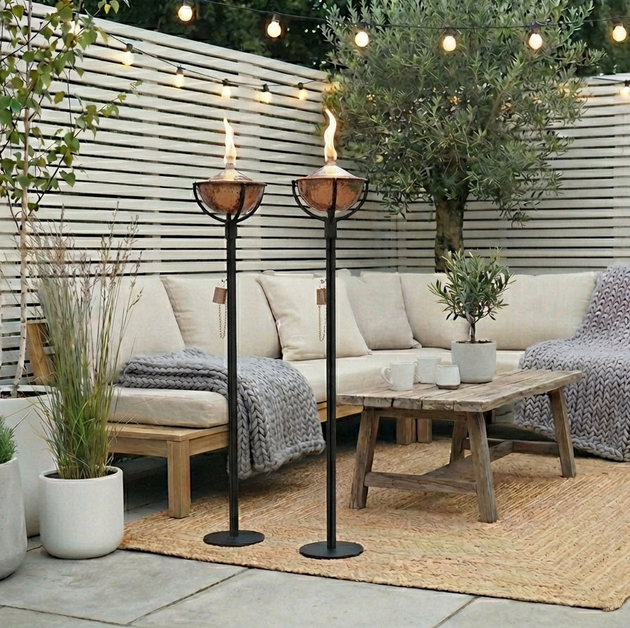 summer patio with garden sofa and festoon lights