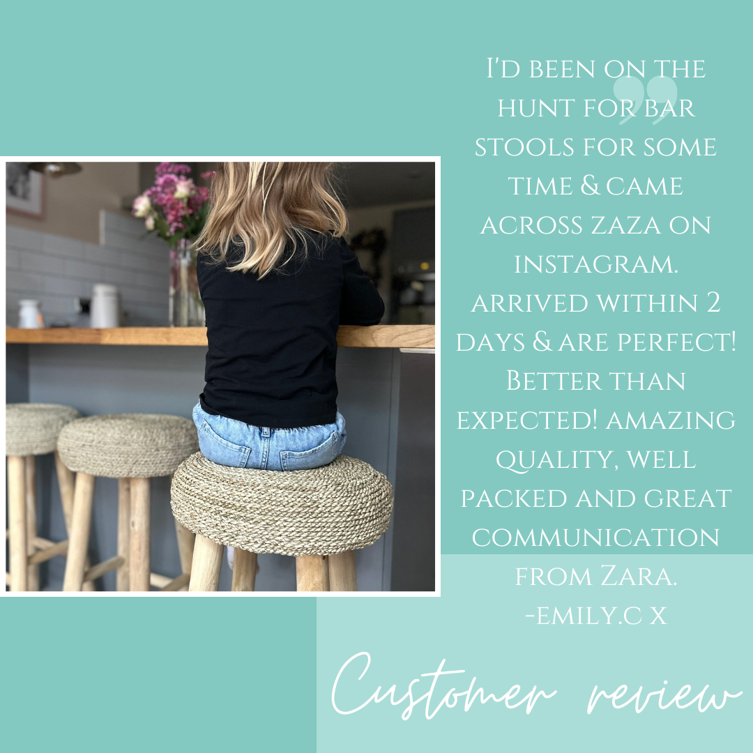 customer review with girl sat on wicker kitchen stool