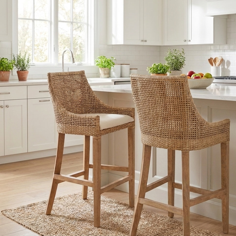 Two wicker kitchen stools with light wood legs and cream cushions positioned at a kitchen island in a bright, modern kitchen setting.