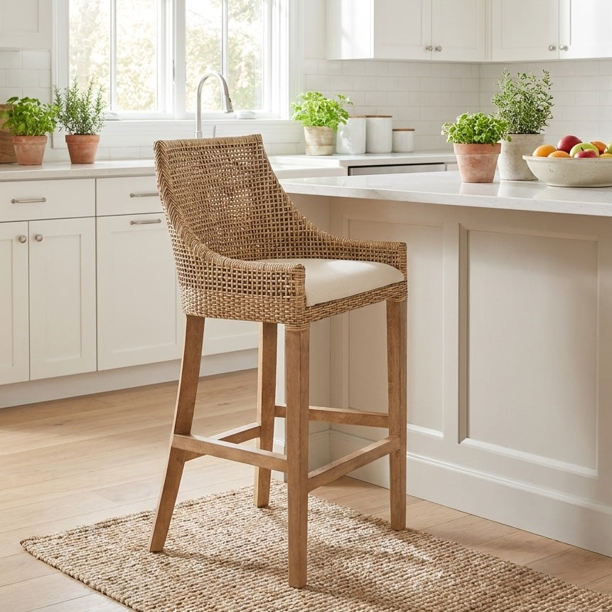 A woven wicker bar stool with a light wood frame and cream cushion, set in a bright, modern kitchen with plants for decoration.