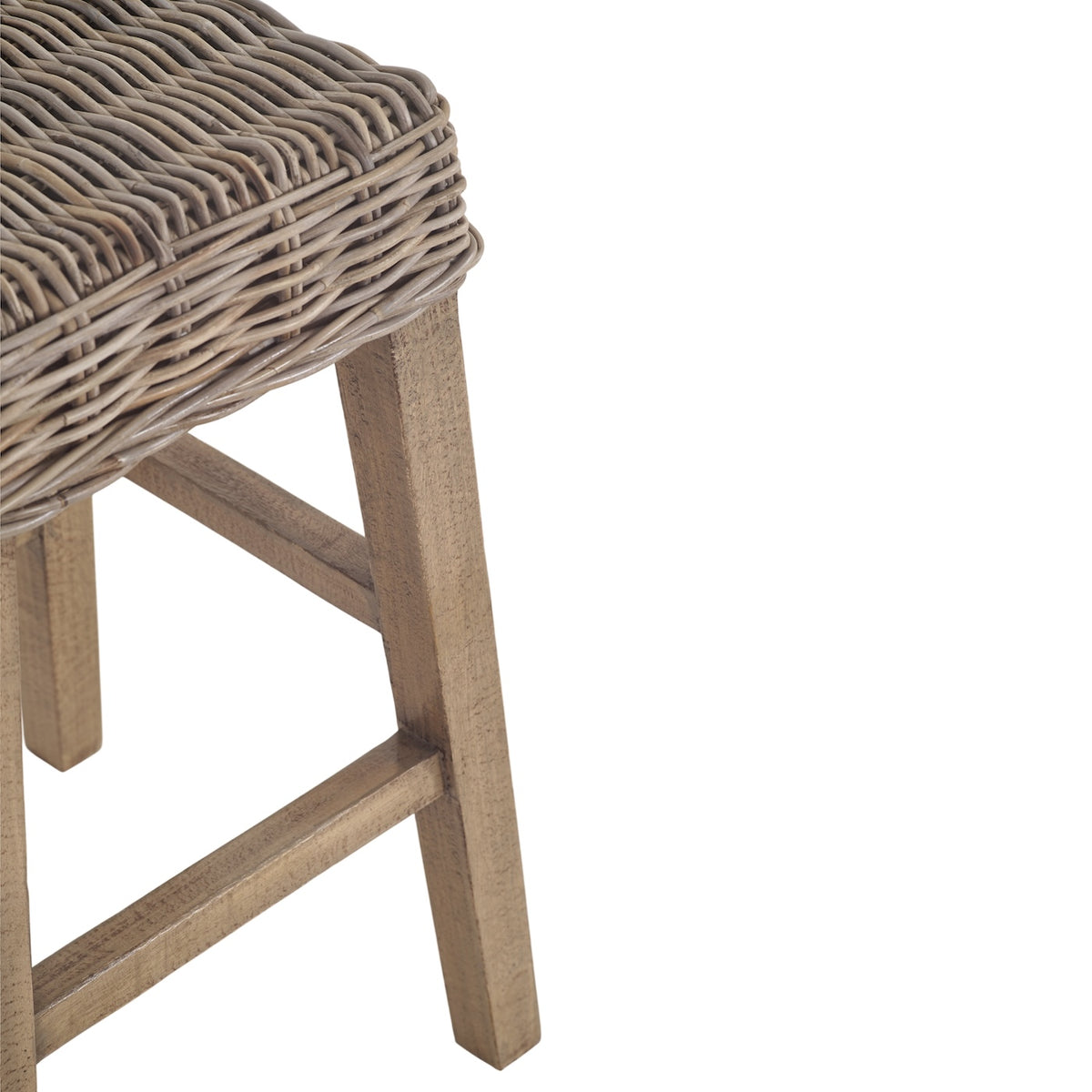 Close-up of a wicker and wood kitchen stool showing the woven seat, wooden legs, and footrest against a plain white background.