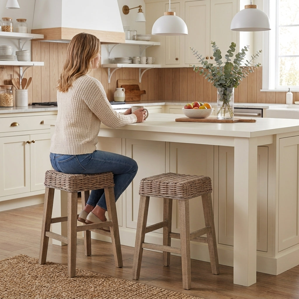 A woman sits at a white kitchen island on a woven wicker stool. A neutral-toned shaker kitchen with cream cabinets, hanging pendant lights, and a vase of flowers on the island.