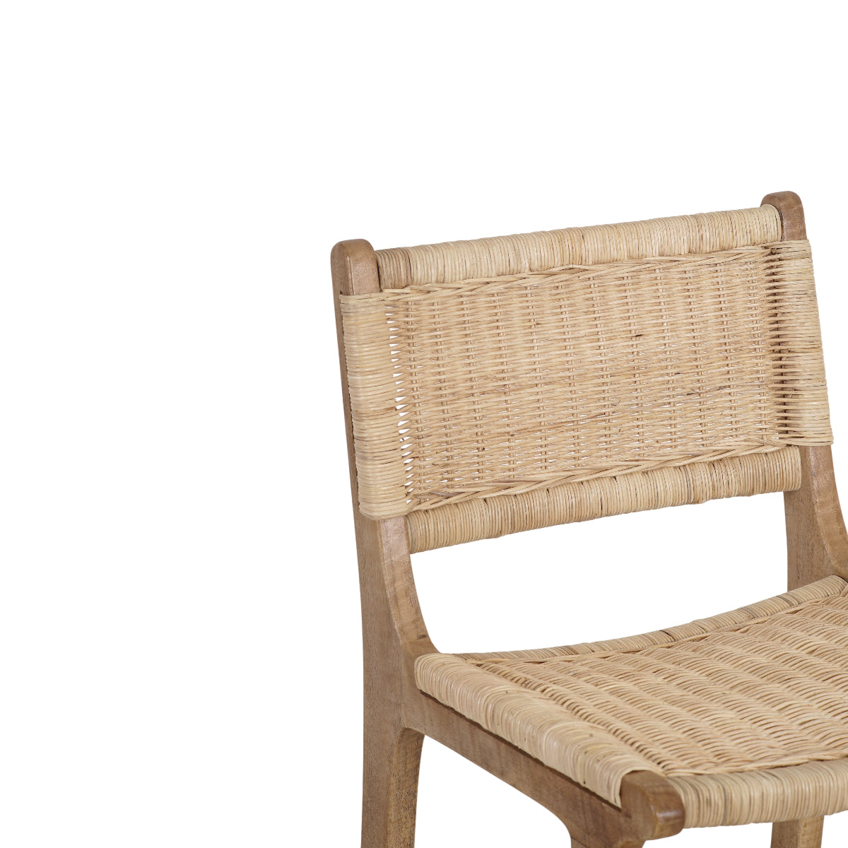 Close-up of a wooden chair with a woven natural rattan or seagrass backrest and seat on a plain white background.