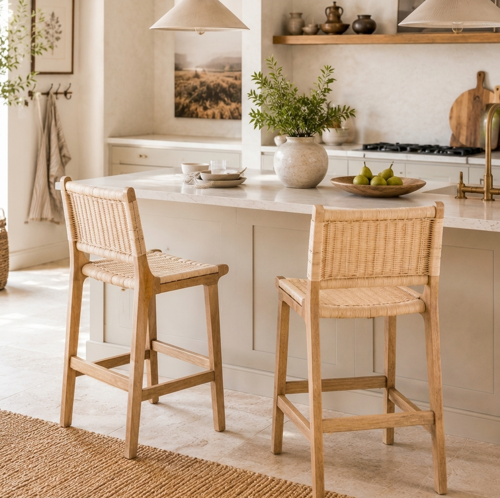 Two wooden bar stools with woven rattan seats and backrest, positioned at a kitchen island in a bright, modern kitchen setting.
