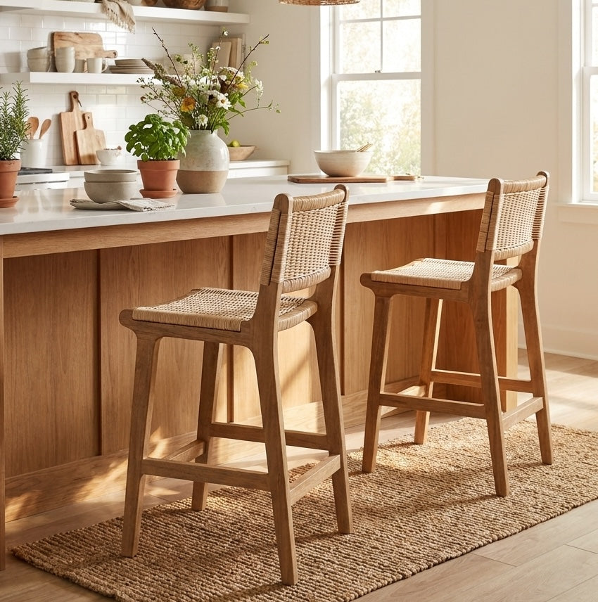 Two wicker counter stools with woven rattan seats and backrest at a wood and marble kitchen island. In a bright, modern kitchen setting with wicker and wood accories.