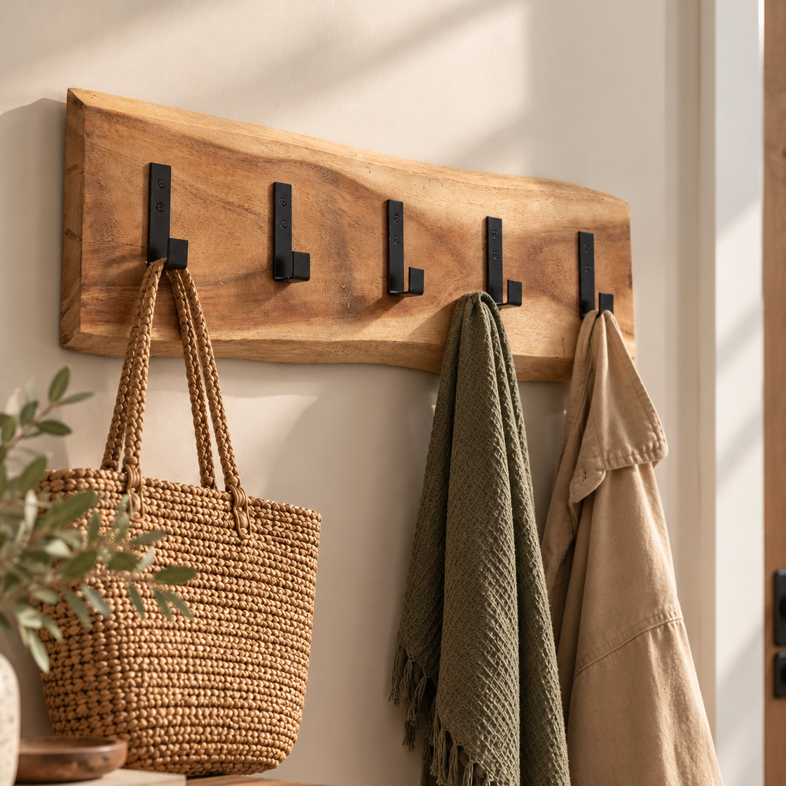 a rustic wooden coat rack with black metal hootks, on a hallway wall with bags and coats hanging off it