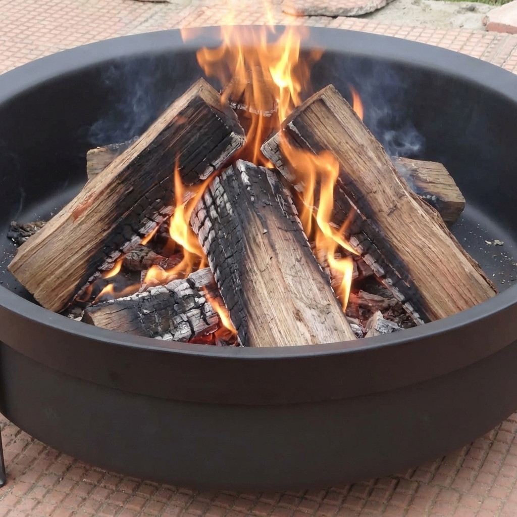 detailed photo of black metal fire pit with logs burning