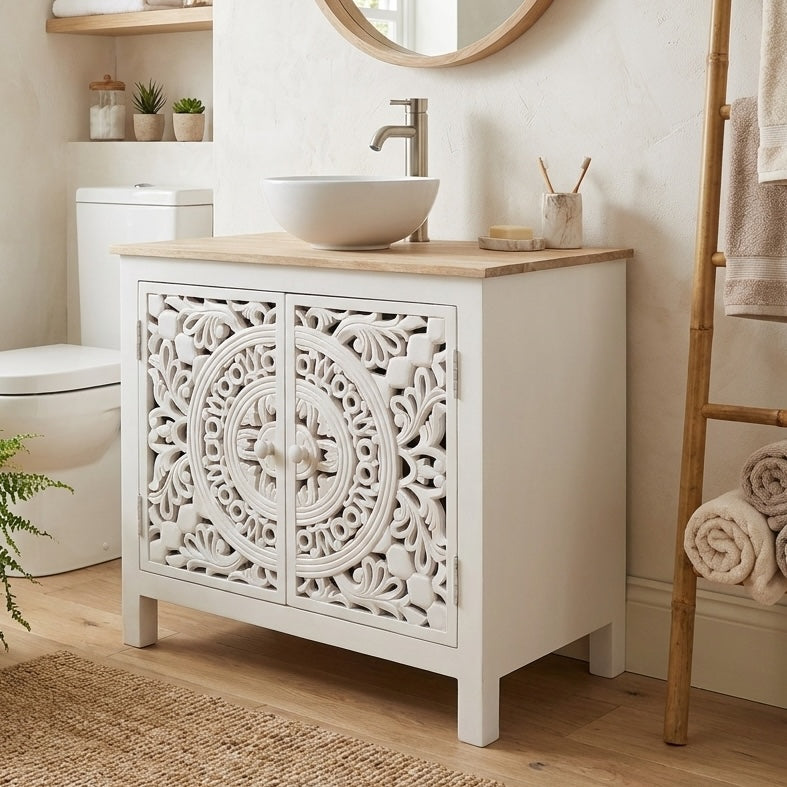 Carved White Bathroom Vanity Unit with Wooden Top