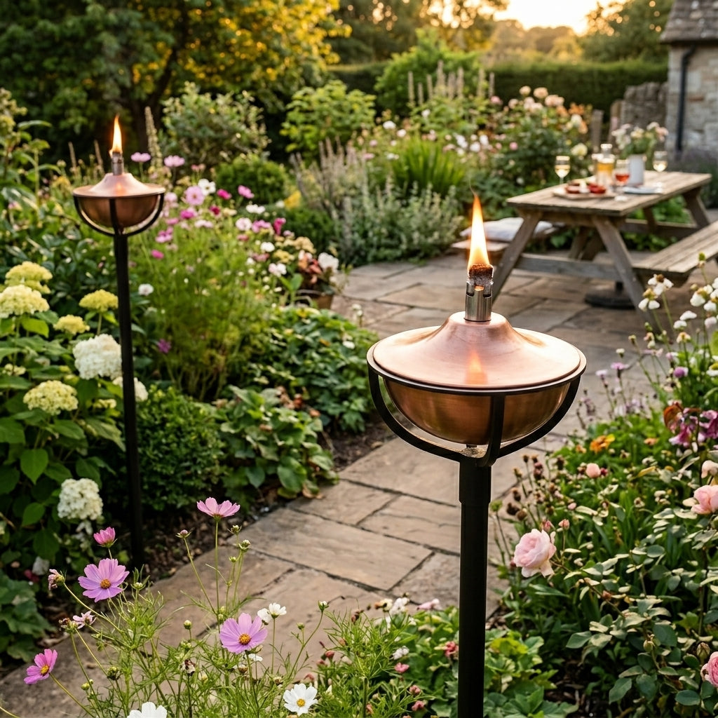 Two lit copper garden torches with black metal stands are placed on a stone pathway in a lush, flower-filled backyard garden. A wooden picnic table is visible in the background.