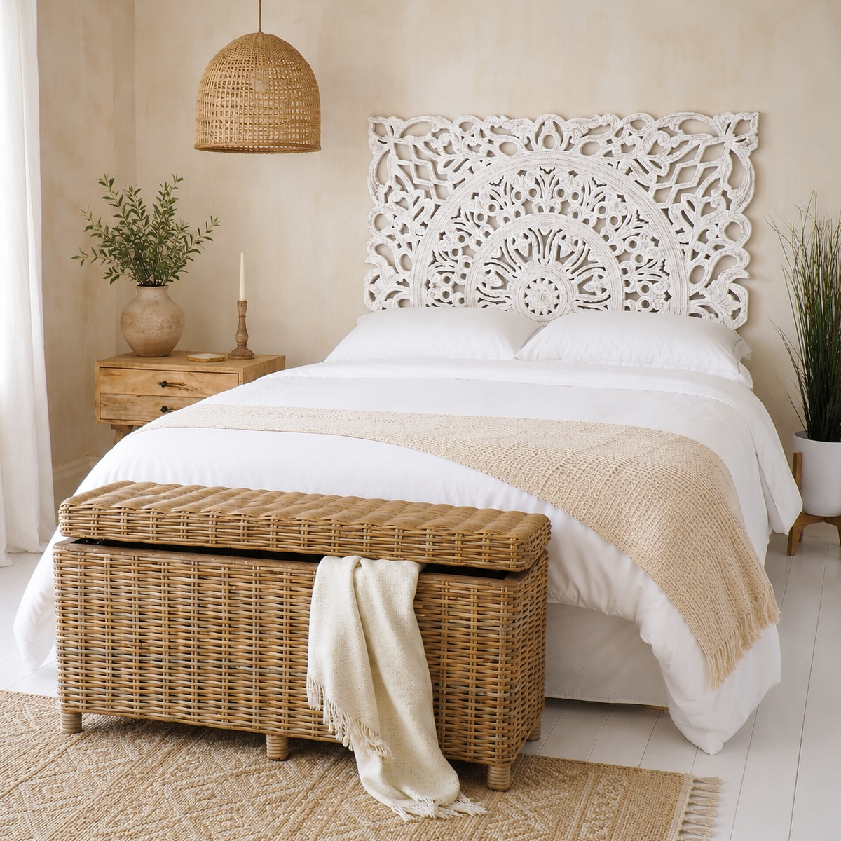 Boho Bedroom with a decorative wooden headboard, wicker storage trunk, and plants.