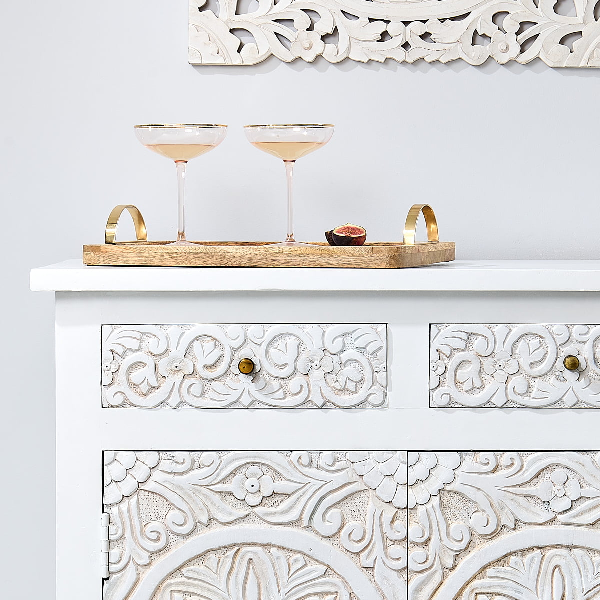 Carved Wood Sideboard - White with Drinks Tray