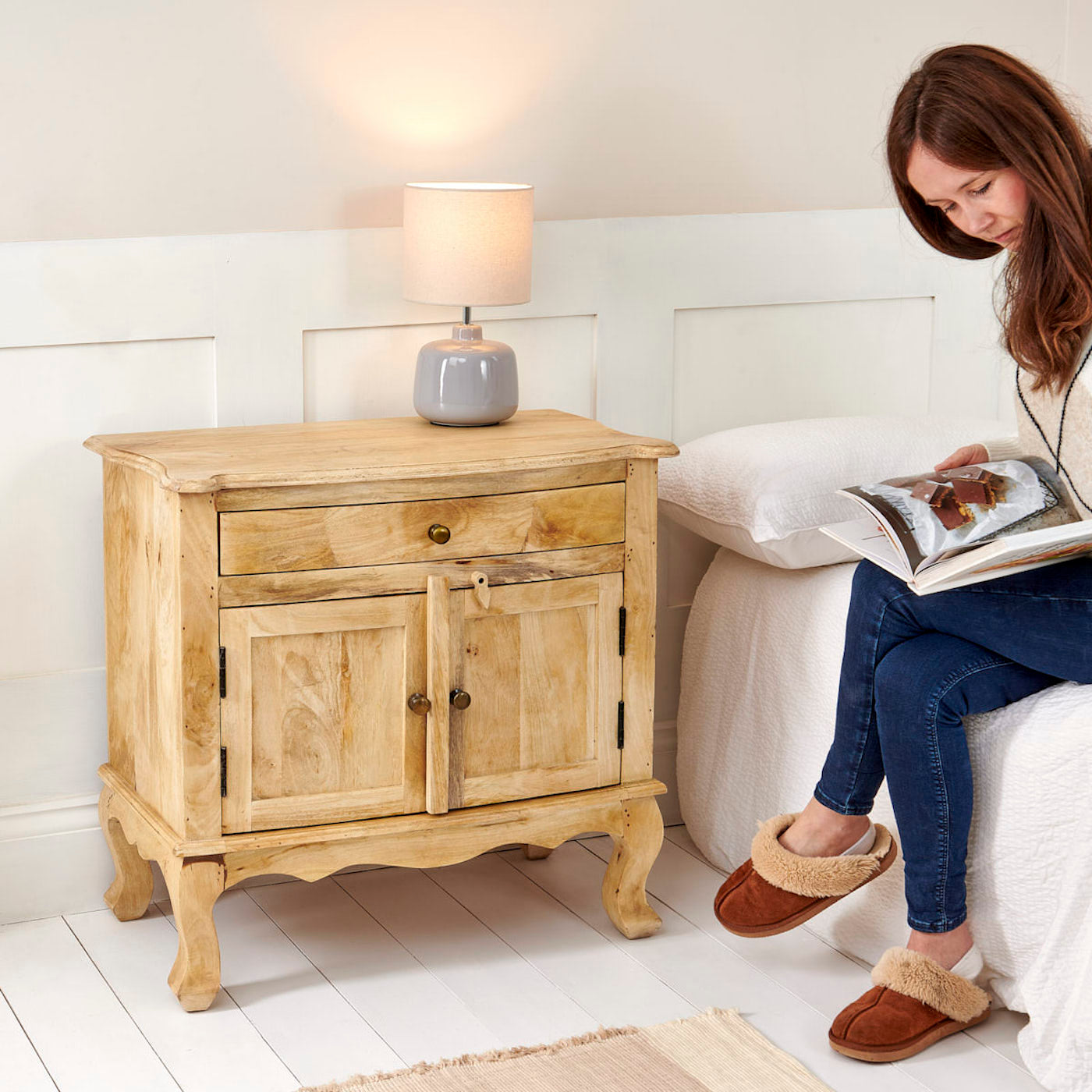Large Wooden Bedside Table - Eden with Woman Reading