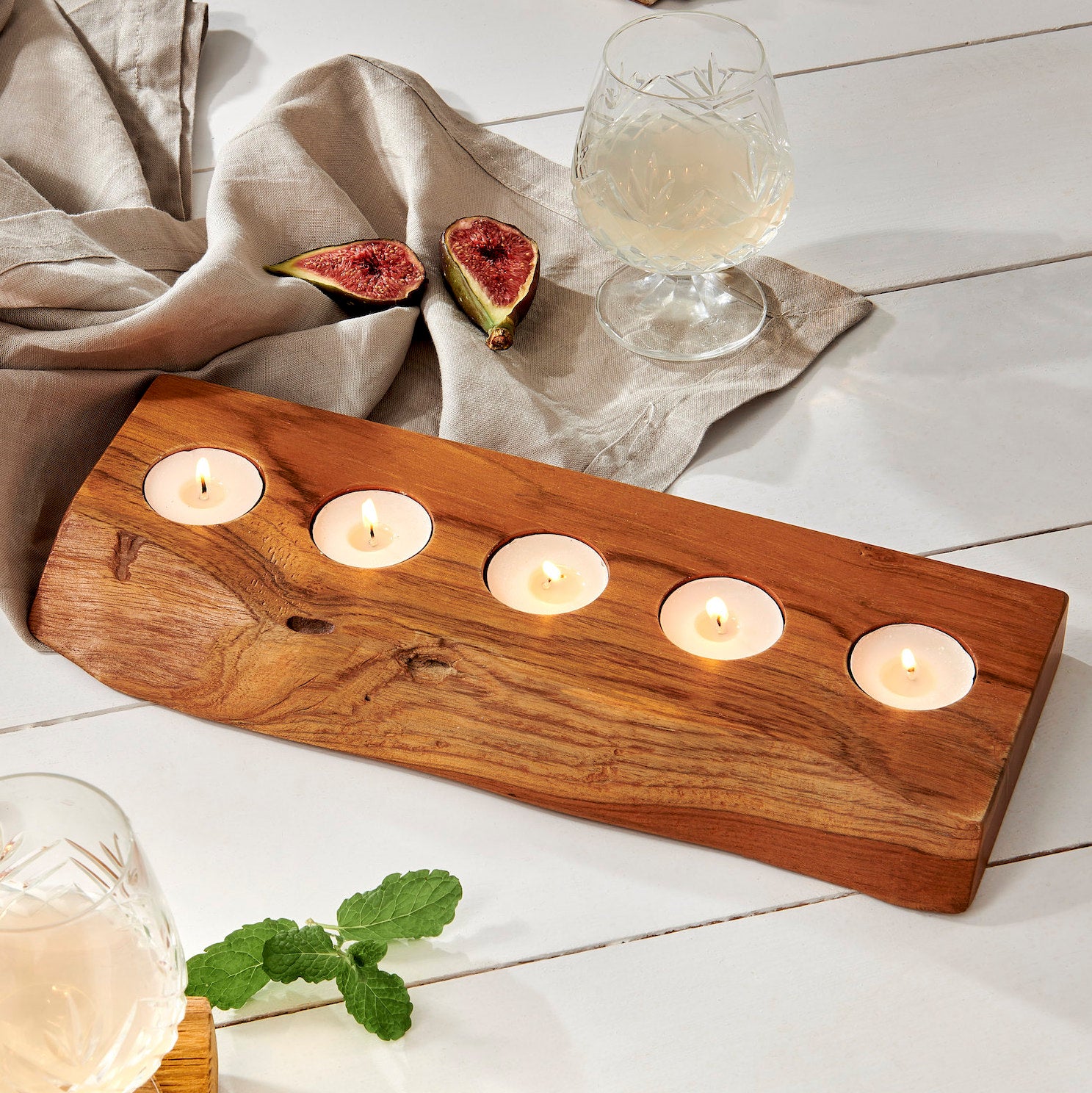 Rustic teak wood 5 tealight holder