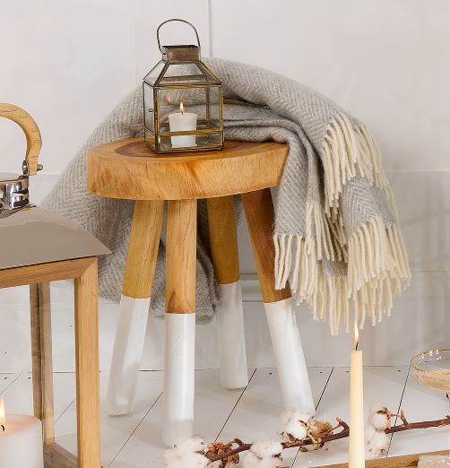 Organic Stool with Dipped White Legs with Rug & Lantern