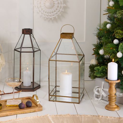 Antique brass and glass square candle lantern