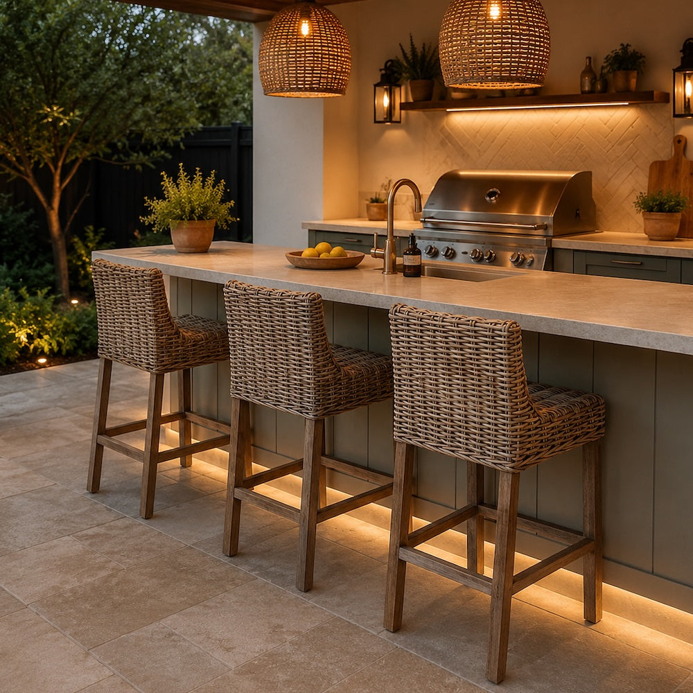 Outdoor kitchen with stone floors and island with wicker bar stools
