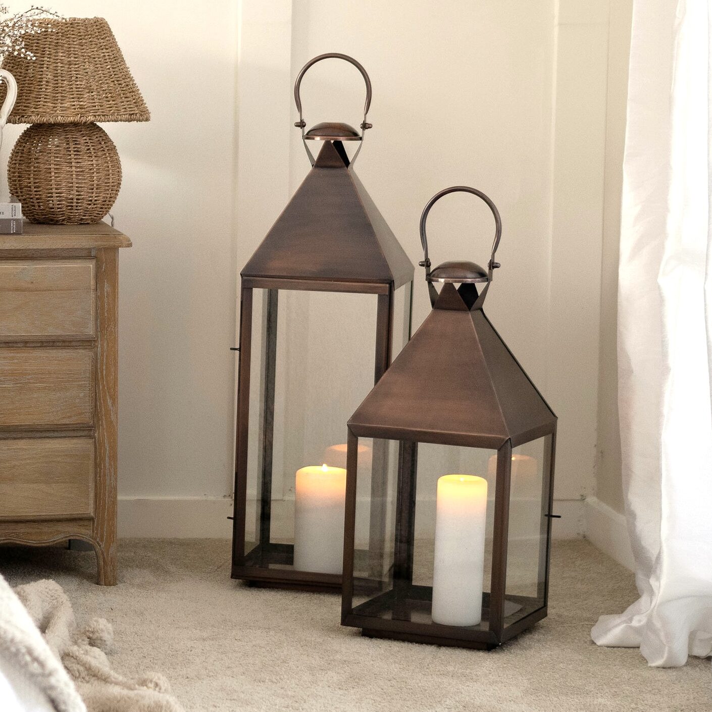 antique copper lanterns tall in bedroom