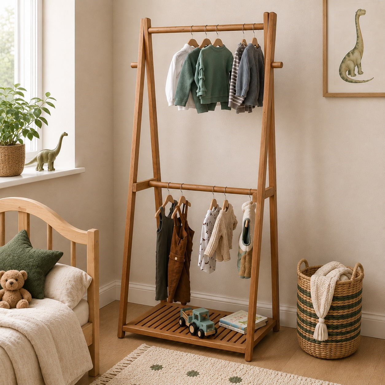 A wooden A-frame clothing rack with two hanging bars and a slatted shelf, styled in a child's bedroom with children's clothes, a bed, a plant, and a basket nearby.