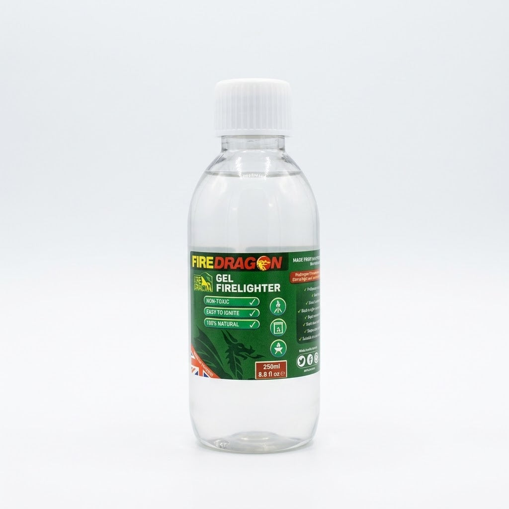 A 250ml clear plastic bottle of Fire-Dragon Gel Firefighter with a white screw cap and a green label, set against a plain white background.