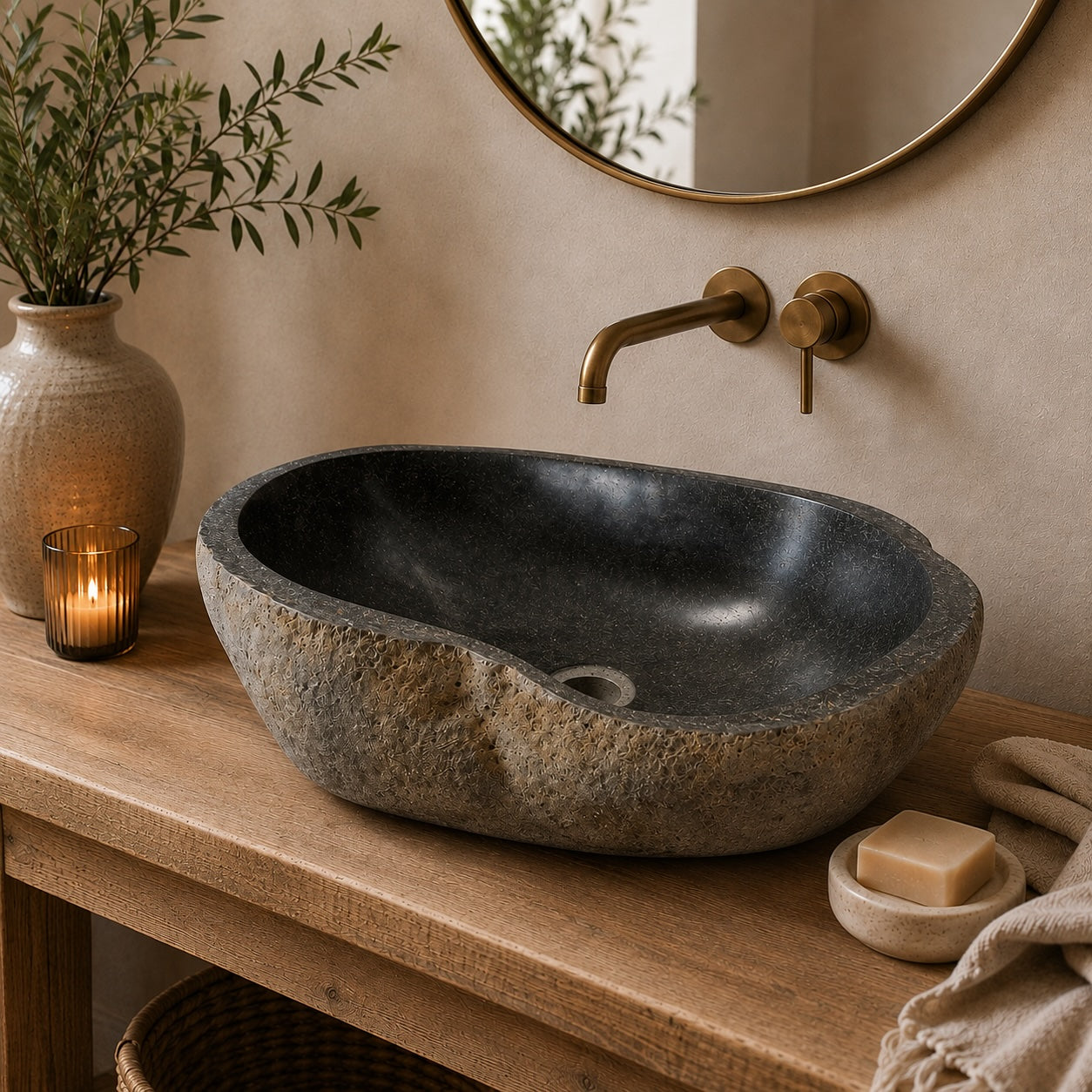 A dark stone vessel sink with a matte textured finish, mounted on a rustic wooden vanity with a brass faucet and wall-mounted mirror, styled with a candle, soap, and a vase of greenery.