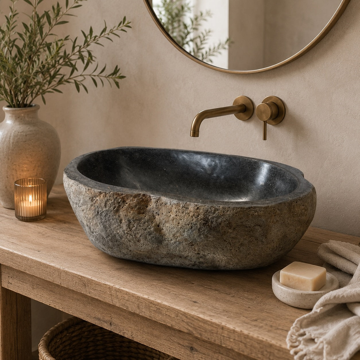 A rustic stone vessel sink with a dark charcoal exterior and textured light gray interior, set on a wooden vanity in a warm, neutral-toned bathroom with a brass faucet, soap dish, and candle.