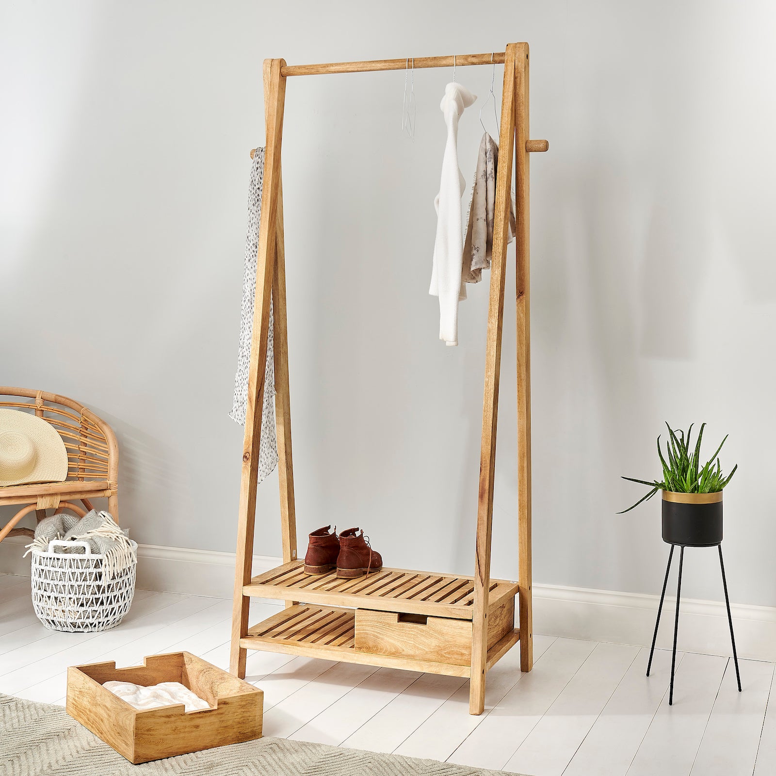 Mango Wood Clothes Rail - Stockholm in White Room